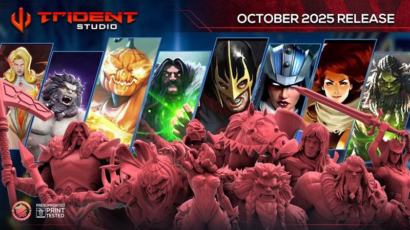 Collection of red 3D printable figures from Trident Studio, featuring fantasy and sci-fi characters like warriors, mo...