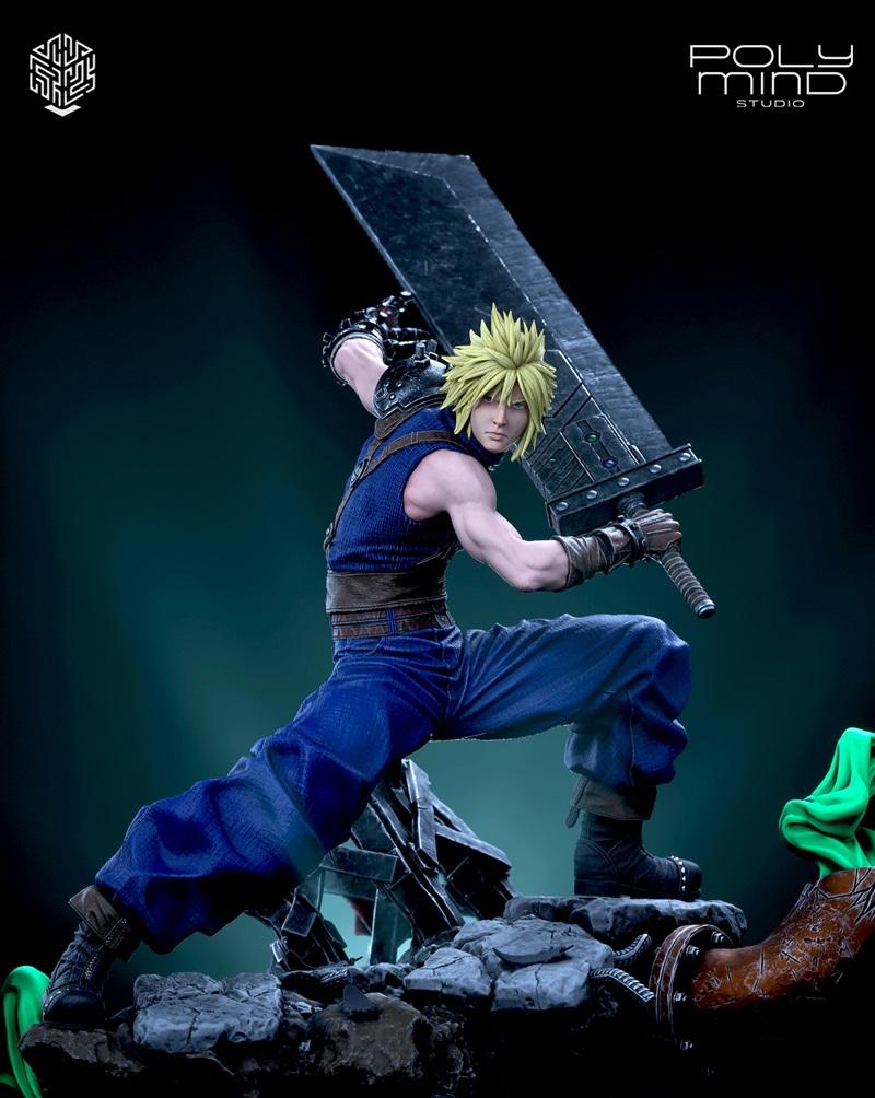 Cloud Strife from Final Fantasy VII in a dynamic pose, holding the Buster Sword. He wears a blue sleeveless top, brow...
