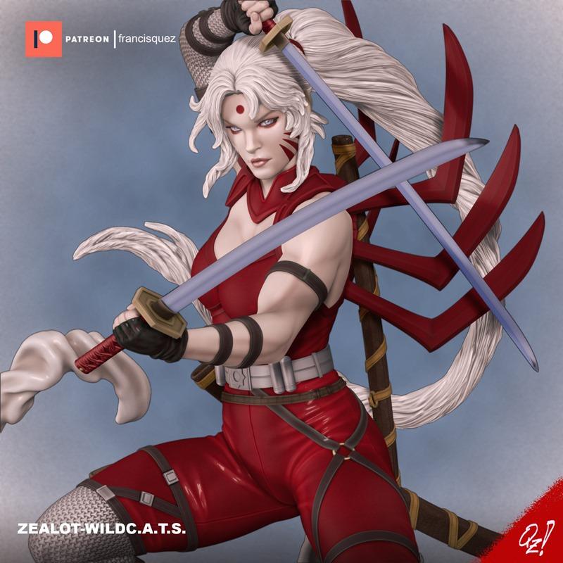 Zealot from Wildcats comic series in a dynamic pose, wielding two swords. She wears a red outfit with mesh accents an...