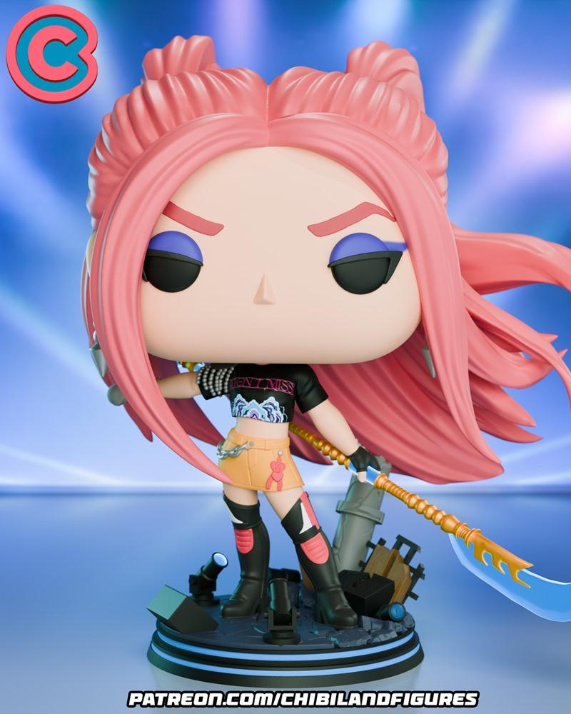 Chibi Seraphine K/DA figure with pink hair, black crop top, yellow skirt, and staff, in a Funko Pop style.