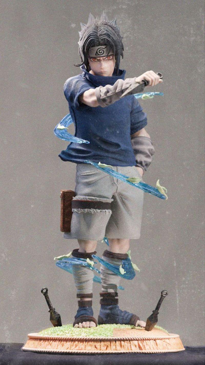 Sasuke Uchiha 3D model figure, wielding a kunai with blue energy effects, wearing blue shirt and grey shorts, standin...