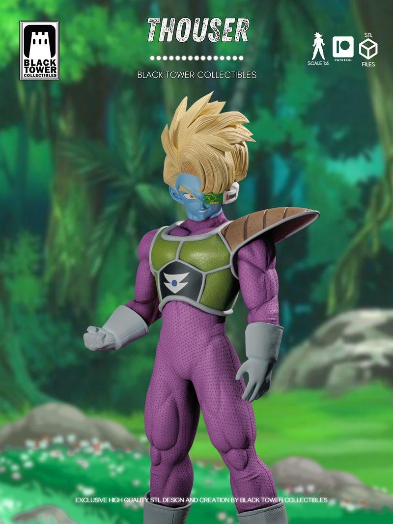 Thouser from Dragon Ball anime, standing in a dynamic pose. He has blonde spiky hair, blue skin, and wears a purple b...