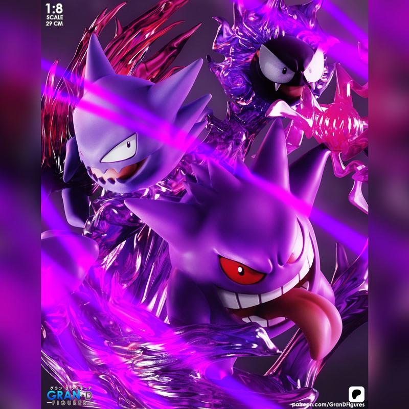 1:8 scale 3D model of Gengar from Pokemon, surrounded by purple energy effects. Gengar has a wide grin and red eyes.