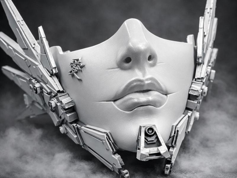 Close-up of a 3D printable Cyber Angel V2 mask with mechanical wings and intricate facial details.