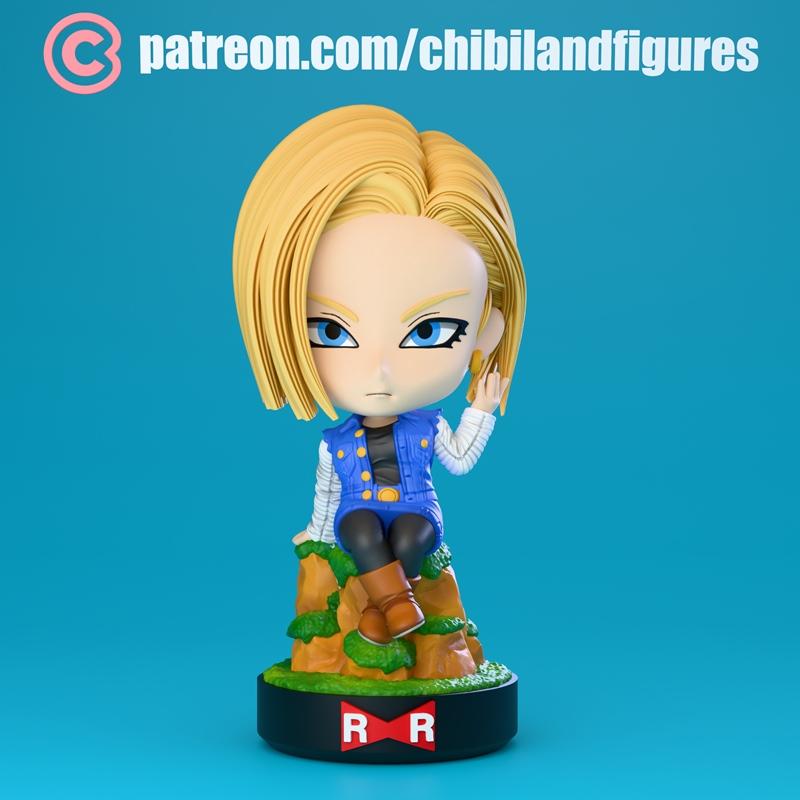 Chibi style 3D model of Android 18 from Dragon Ball, sitting on a mossy rock formation, wearing her blue vest and bla...