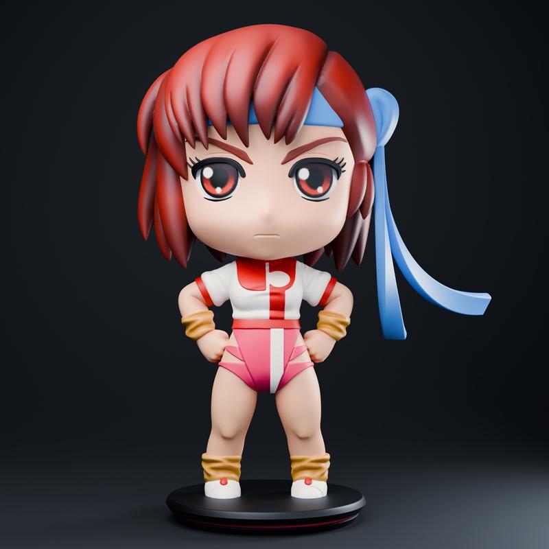 Chibi Noriko Takaya from Gunbuster anime, 3D printable figure with red hair, blue headband, and pink athletic outfit,...