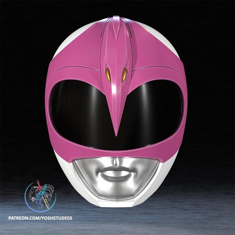 Pink Ranger helmet from Mighty Morphin Power Rangers, 3D model by Yosh Studios. Features pink and white casing, black...