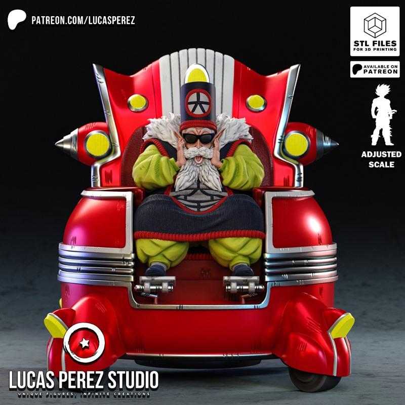 3D model of Dragon Ball's Dai Kaioshin seated on a red throne, wearing sunglasses and a fur-trimmed outfit.