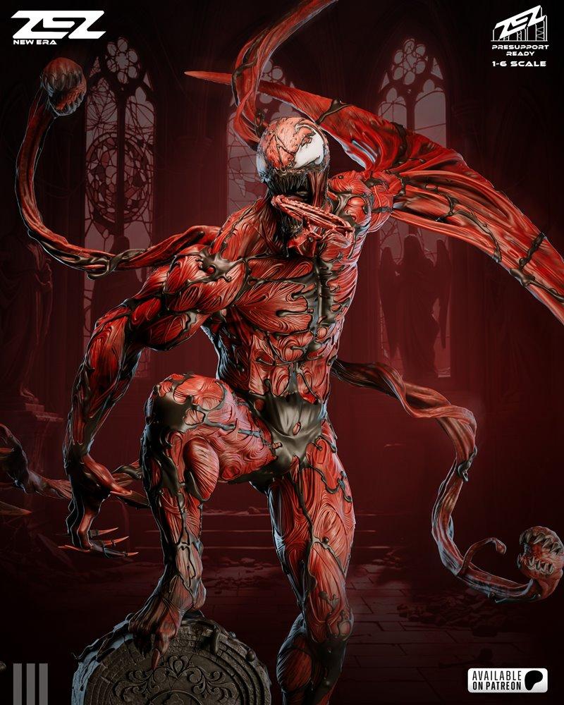 ZEZ Studio 1:6 scale Carnage 3D model, a red and black symbiote with flowing tendrils, in a dynamic pose on a gothic...