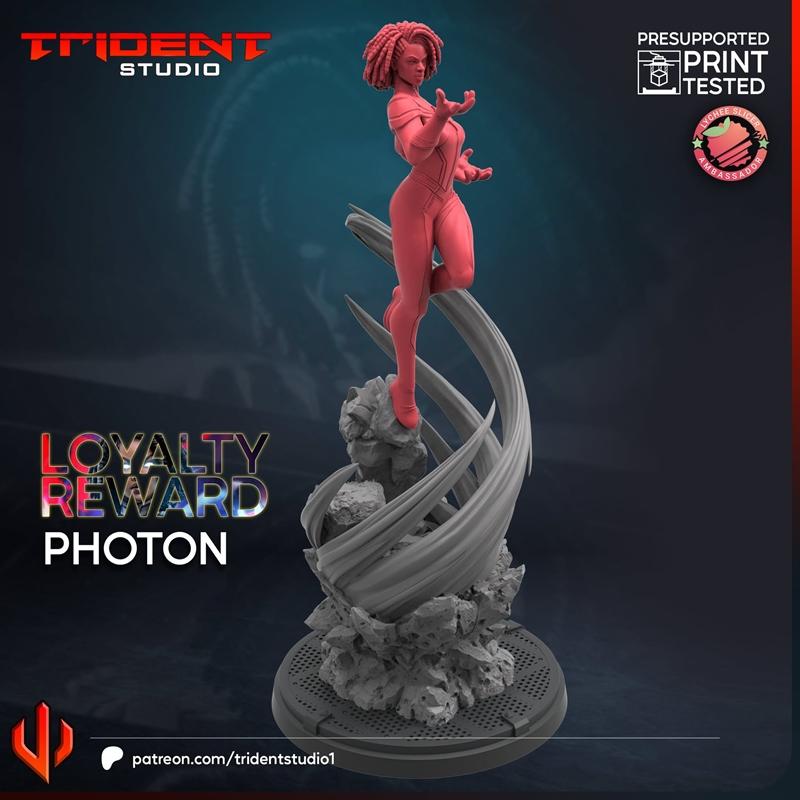 Trident Studio's Photon 3D model, a female figure in a pink suit with braided hair, striking a dynamic pose with hand...