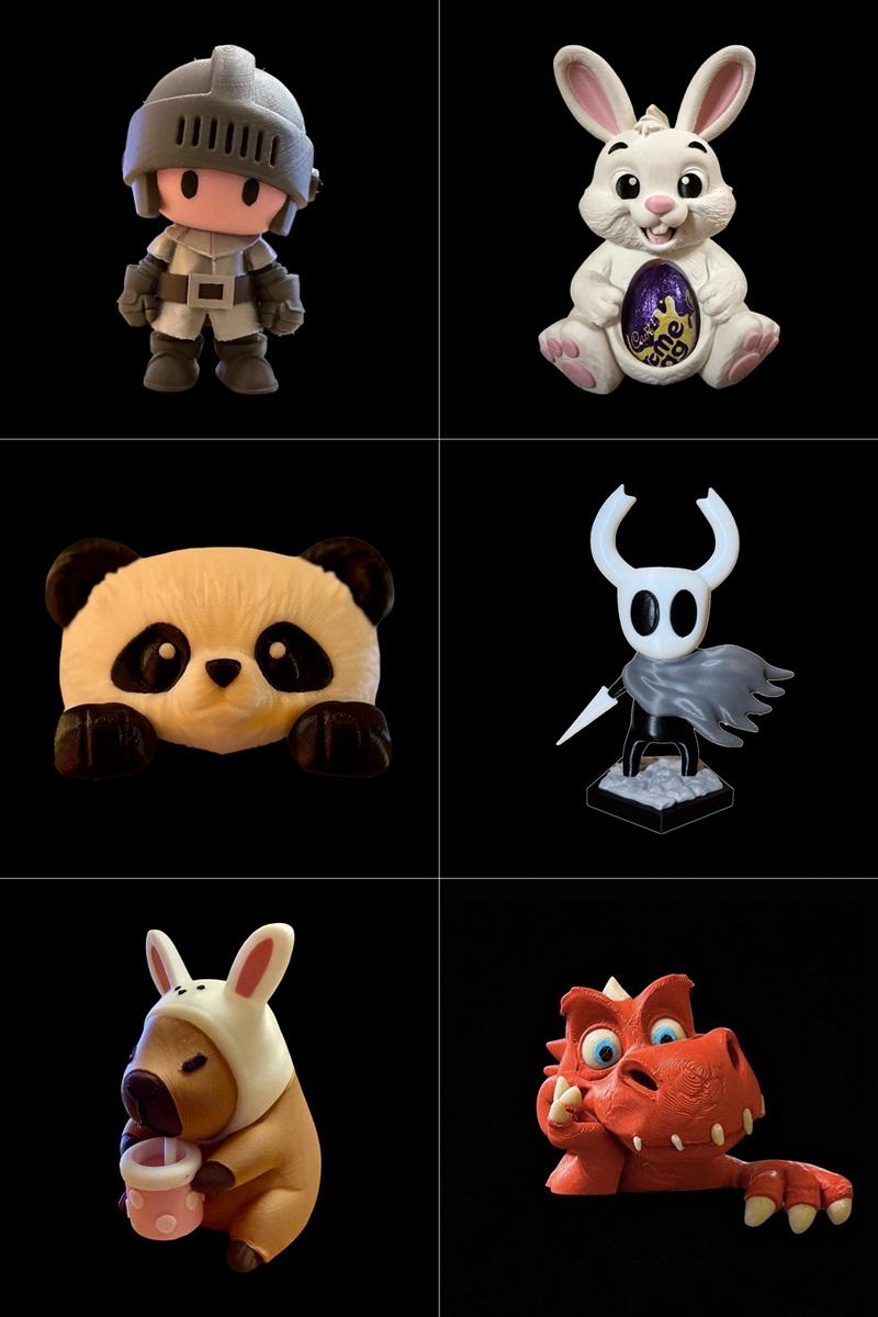 Six 3D printed miniatures: a knight, a bunny with an egg, a panda, the Hollow Knight, a capybara in a hoodie, and a r...