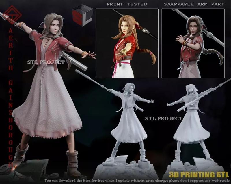 3D model of Aerith Gainsborough from Final Fantasy VII, holding a staff, wearing a red jacket and pink dress, with sw...