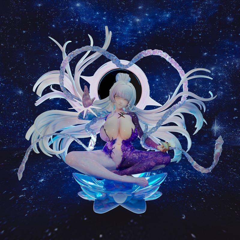 3D model of Nayuta from NIKKE, meditating on a blue lotus with flowing white hair and cosmic ribbons against a starry...