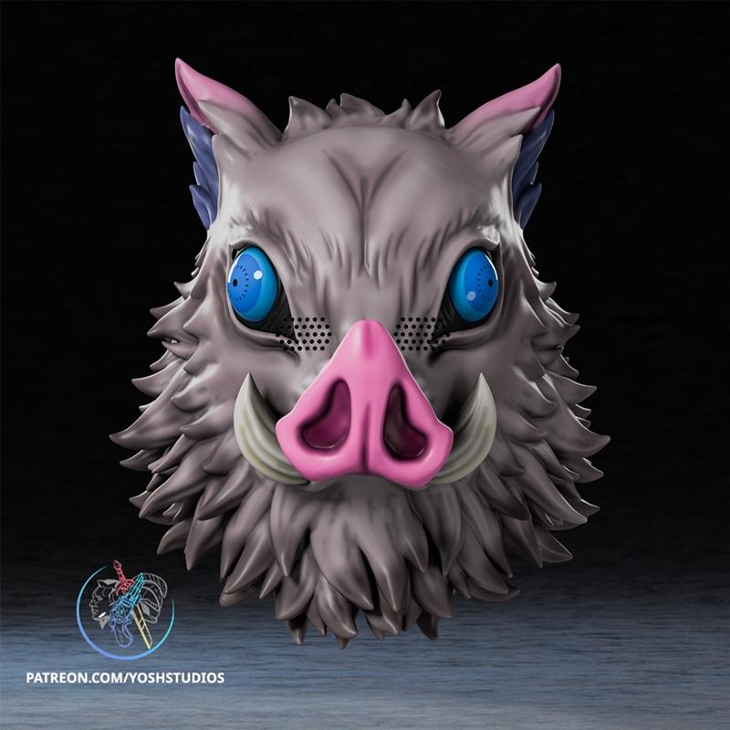 3D model of Inosuke Hashibira's boar helmet from Demon Slayer, featuring blue eyes, pink nose, and tusks.