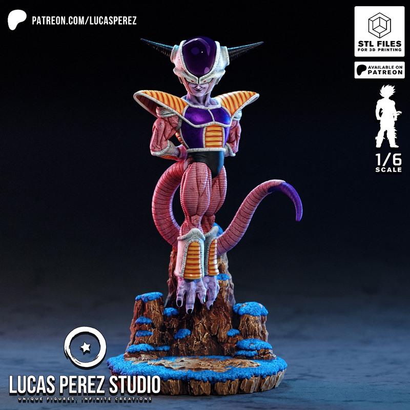 Frieza First Form 3D model, 1/6 scale, standing on a rocky base with blue accents. Character has purple armor, white...