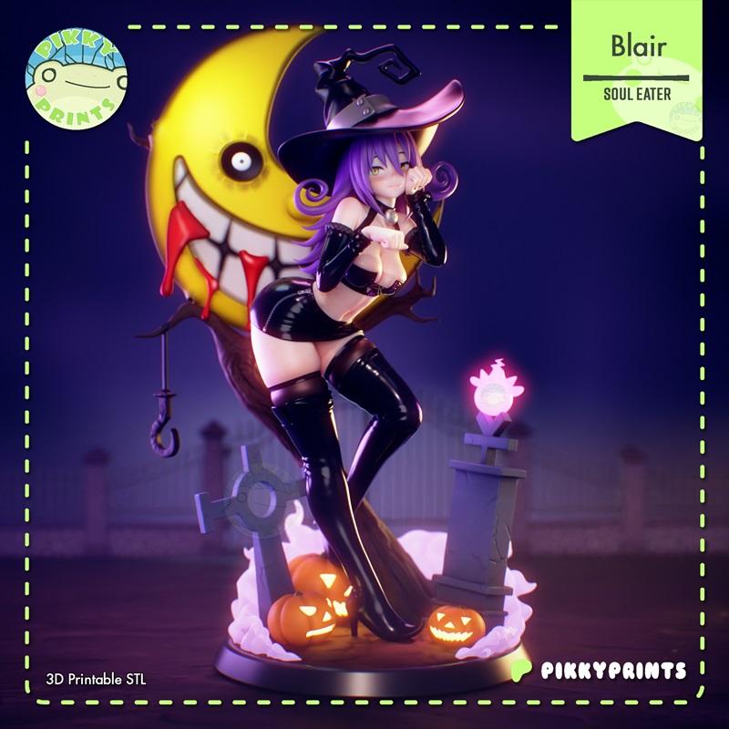 3D printable figure of Blair from Soul Eater, wearing a witch hat and revealing outfit, posing with cat ears and a sp...
