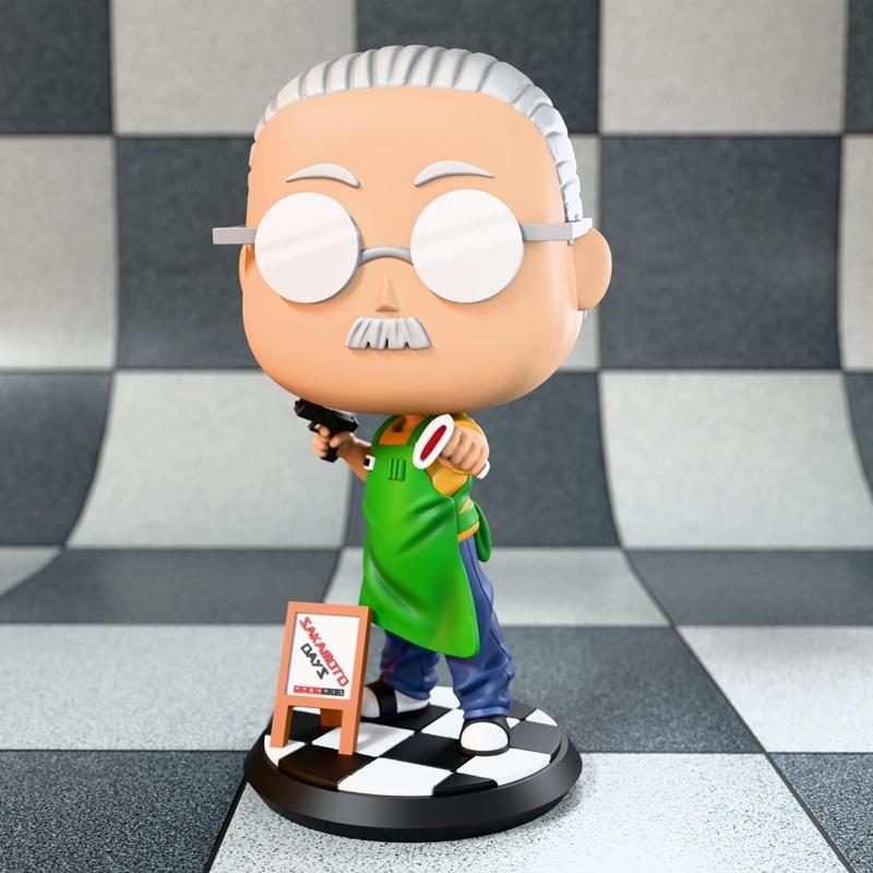 Chibi 3D model of Taro Sakamoto from Sakamoto Days, wearing a green apron, glasses, and mustache, holding a gun and a...