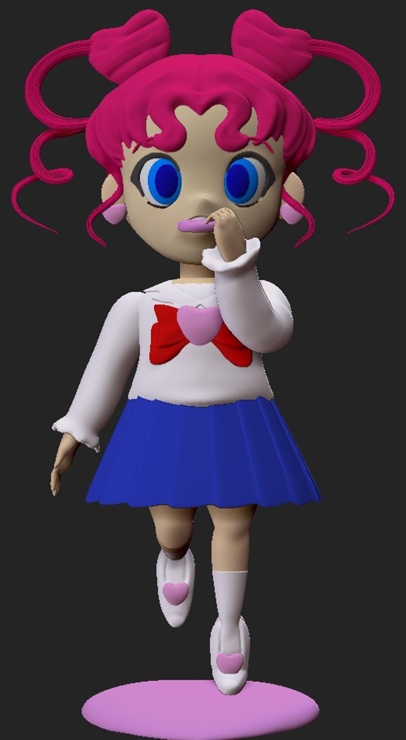 Chibi Chibi from Sailor Moon anime, 3D model figure with pink pigtails, large blue eyes, white top with red bow and p...