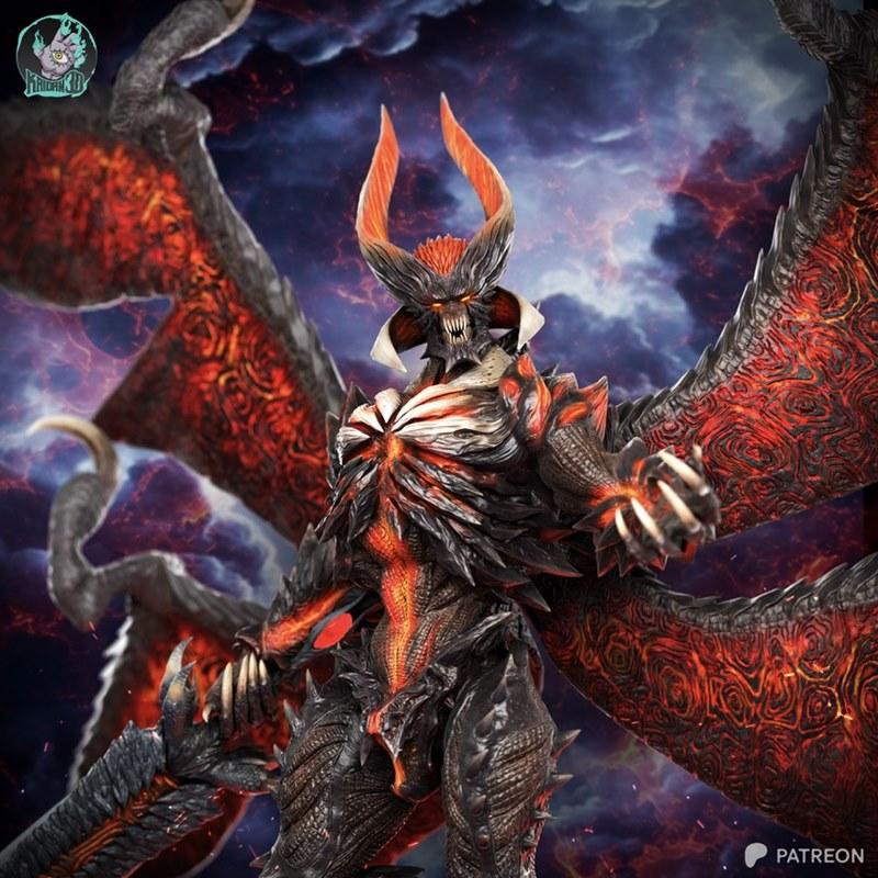 Dante in Sin Devil Trigger form, a demonic figure with large fiery wings, dark armor, sharp claws, and glowing red ey...