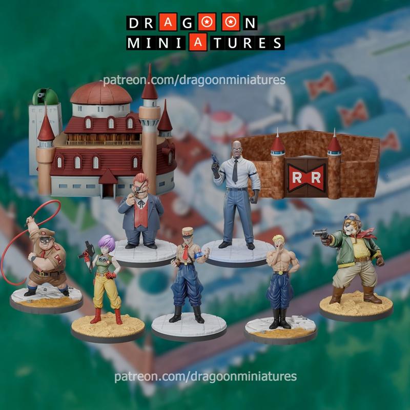 Collection of Dragon Ball Red Ribbon Army miniatures by Dragoon Miniatures, featuring characters and buildings with R...