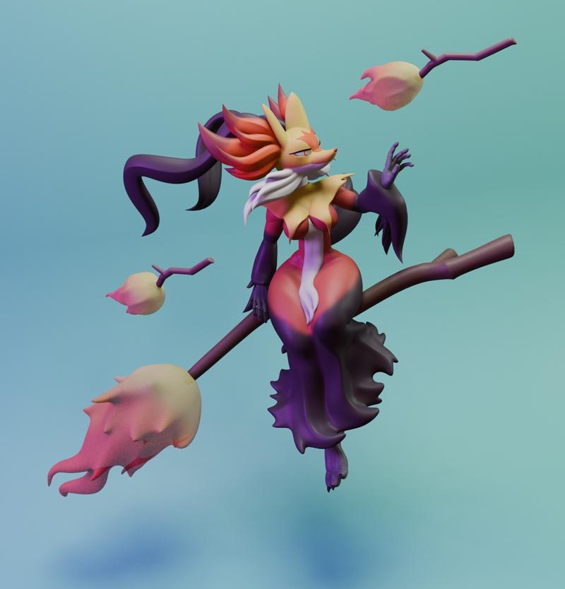3D model of Mega Delphox from Pokemon as a witch riding a broomstick, with flame wisps.