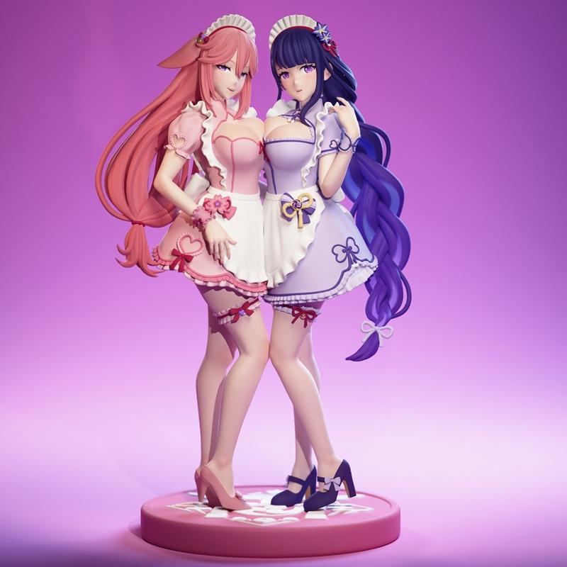 3D print model of Raiden Shogun and Yae Miko from Genshin Impact, dressed in maid outfits, standing side-by-side on a...