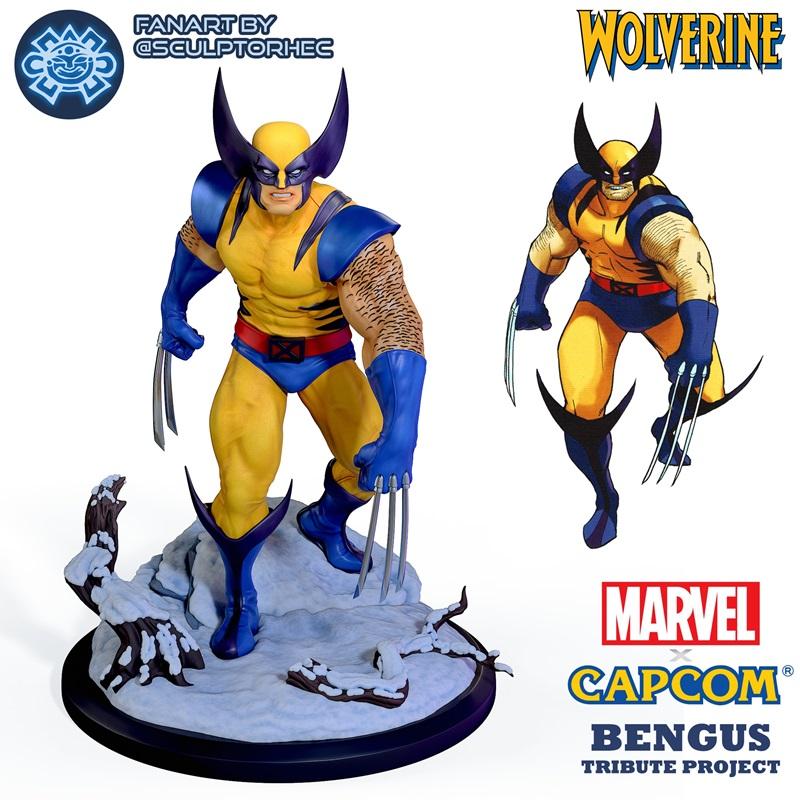 Wolverine 3D model in classic yellow and blue costume with adamantium claws extended, standing on a snowy base. Bengu...
