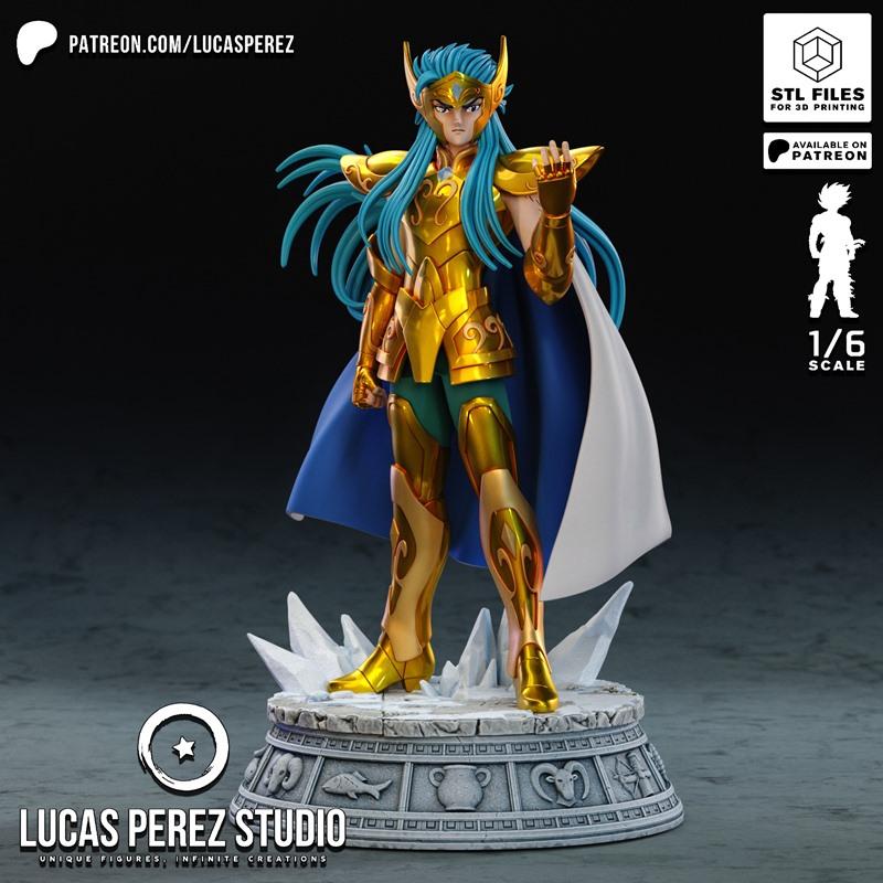 1/6 scale 3D print model of Camus of Aquarius from Saint Seiya, wearing golden armor and a blue cape, standing on an...