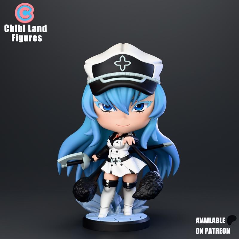 Chibi Esdeath figure from Akame ga Kill, wearing a white military uniform and hat, holding a sword. Blue hair, blue e...