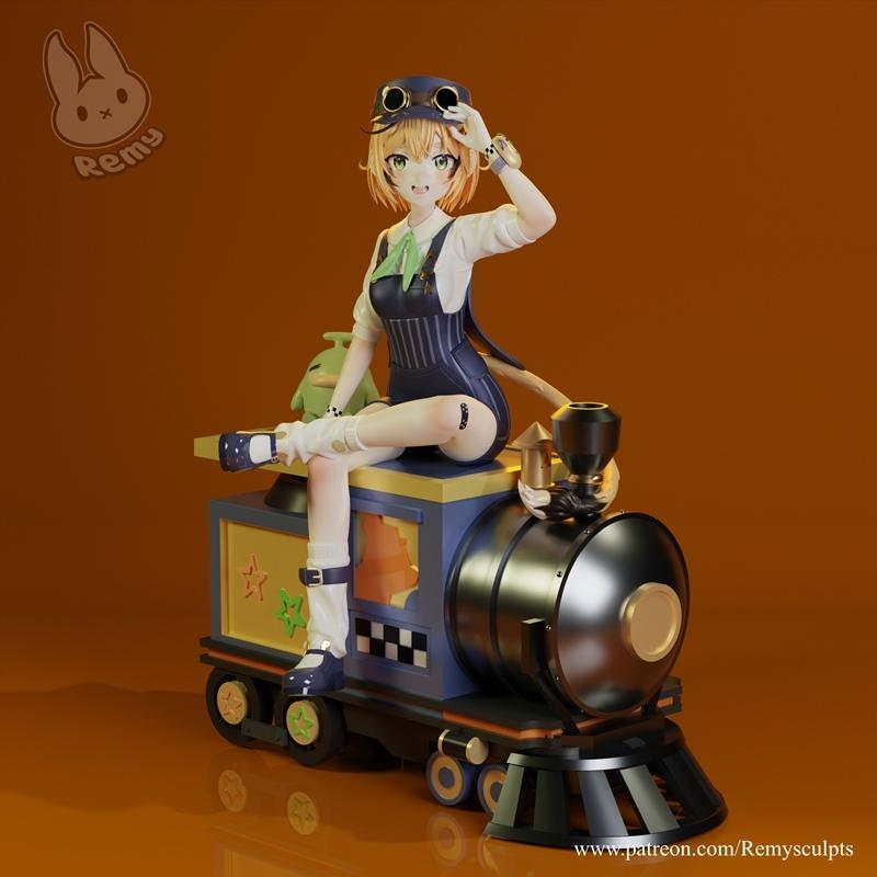 Anime-style female character Dooby with blonde hair and goggles, sitting on a toy train. She wears overalls and a whi...