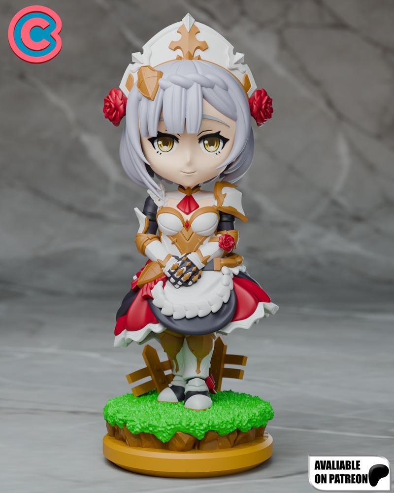 Chibi Noelle from Genshin Impact in maid armor, standing on a grassy base with a wooden fence. The figure has white a...