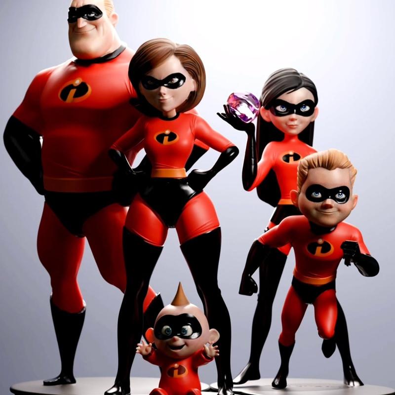 The Parr family from The Incredibles: Mr. Incredible, Elastigirl, Violet, Dash, and Jack-Jack, in red and black super...