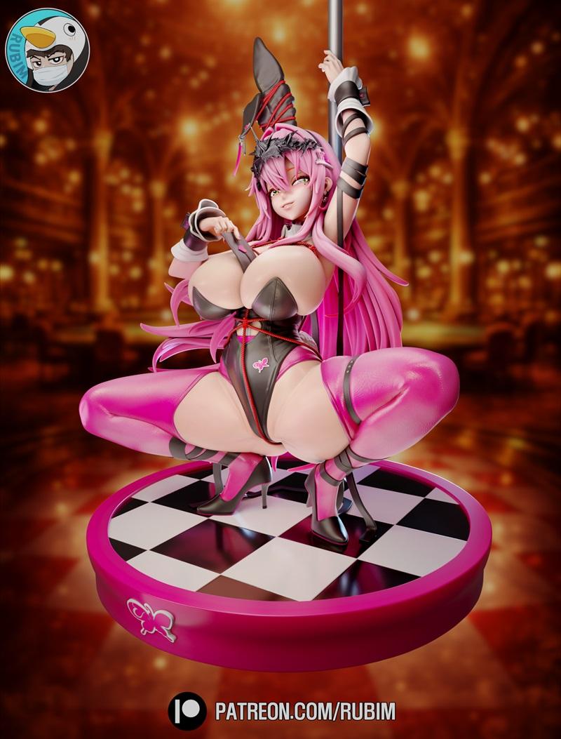 Velvet from Nikke 3D model by Rubim, posed suggestively on a pole with pink hair and a revealing black and pink outfi...