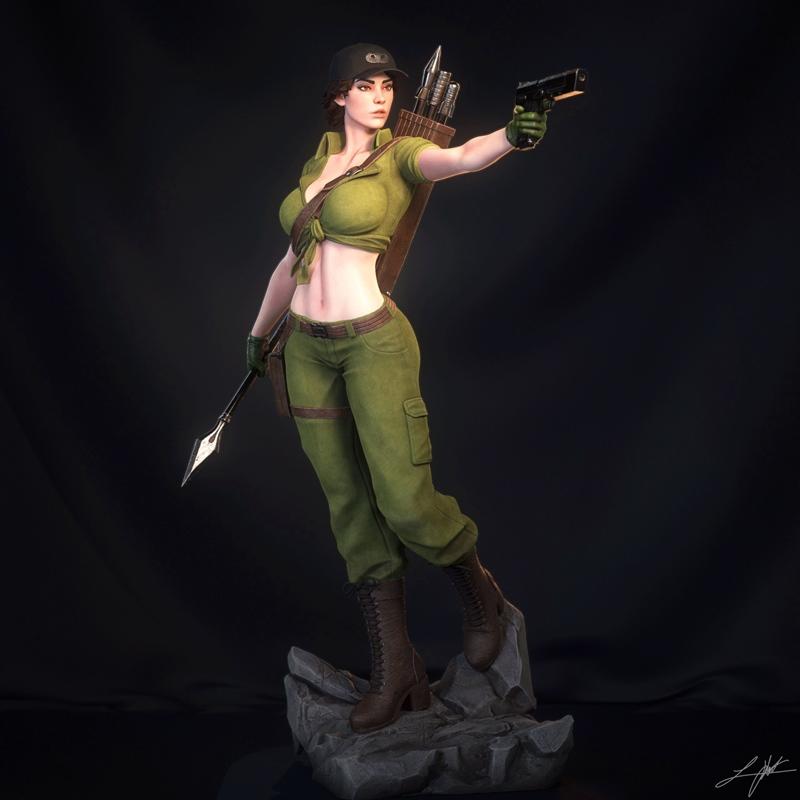 3D model of Lady Jaye from G.I. Joe, holding a pistol and spear, with a quiver of arrows on her back, wearing tactica...