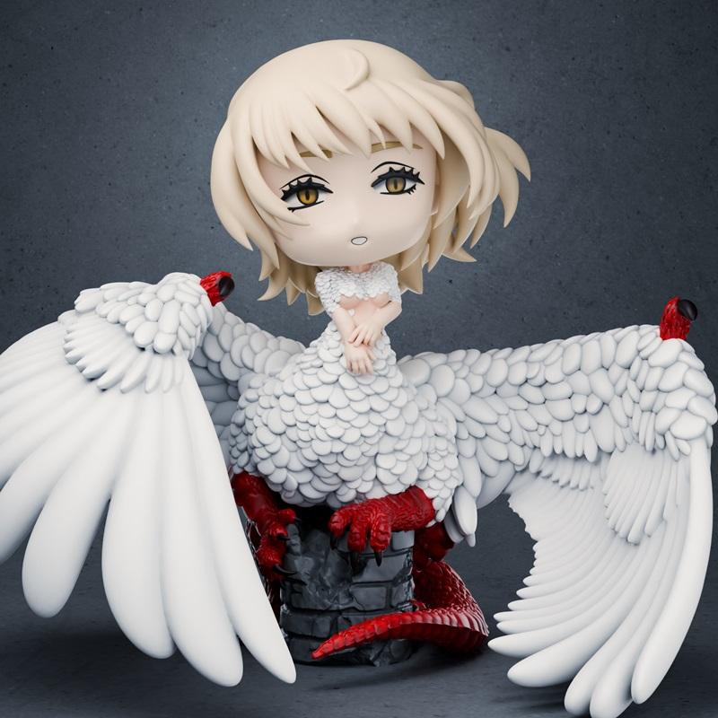 Chibi Falin from Dungeon Meshi with large white wings and red talons, perched on a stone base. Detailed feather textu...