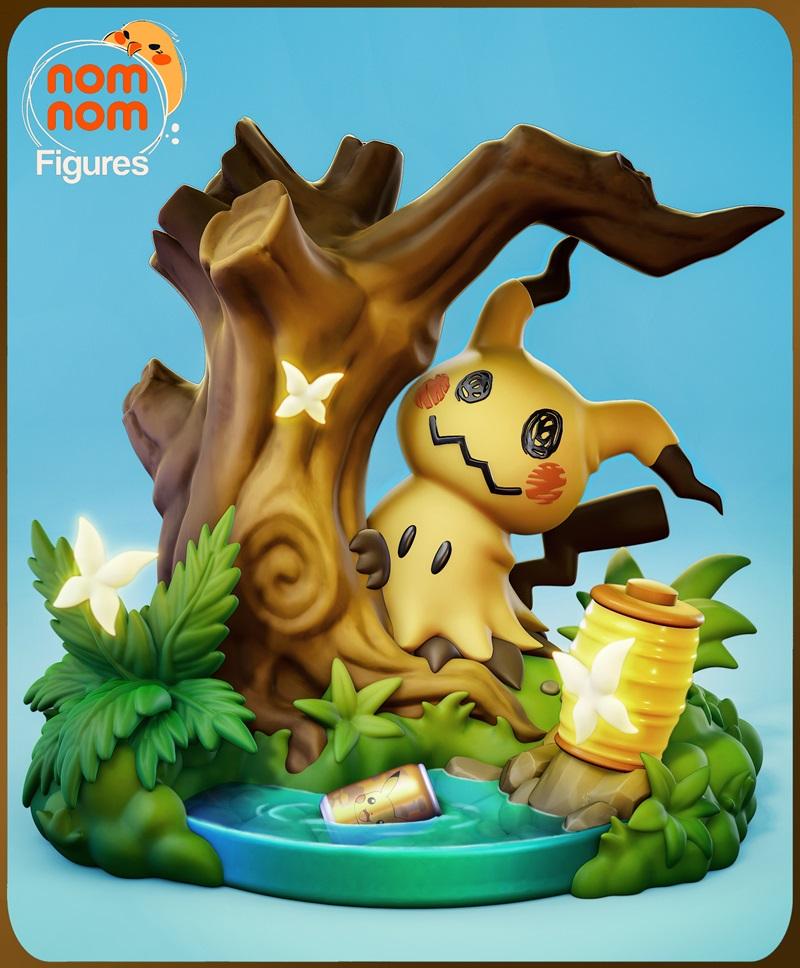 Chibi Mimikyu 3D model figure by Nomnom Figures, peeking from behind a tree with glowing flowers and a lantern. A can...