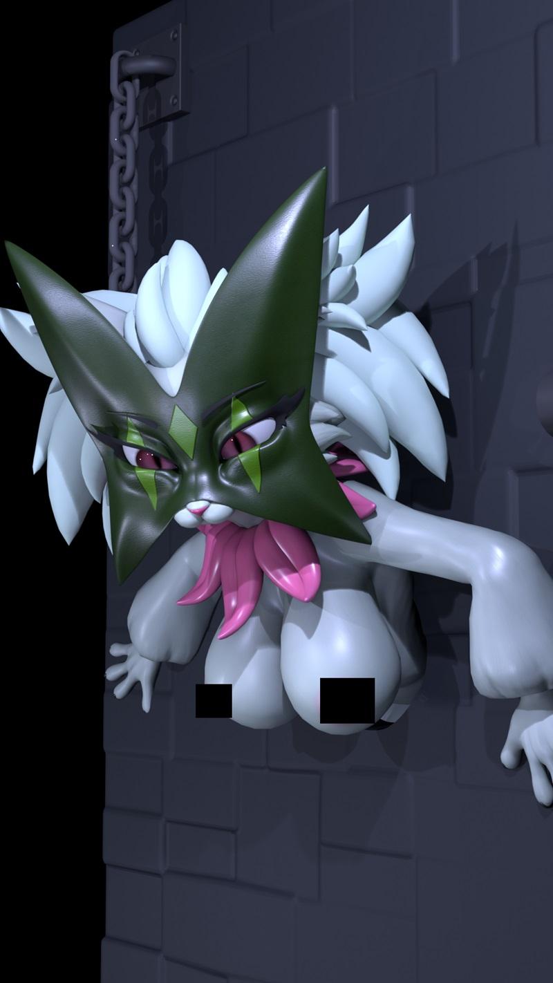 Meowscarada 3D model figure emerging from a brick wall, wearing a green mask and pink flower accessory, with partiall...