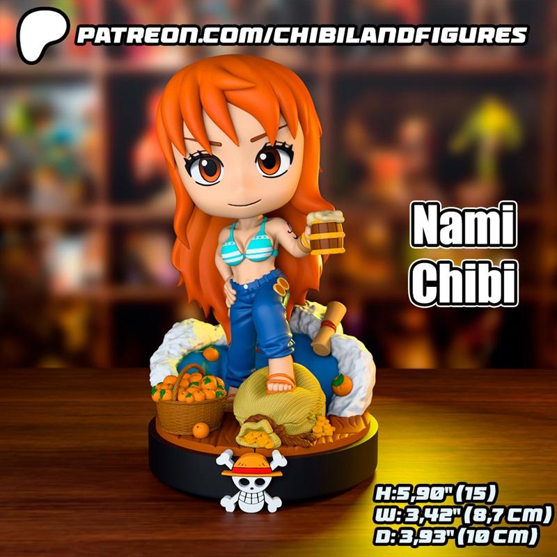 Chibi Nami from One Piece figure, holding a beer mug, wearing a blue bikini top and jeans, standing on a base with or...