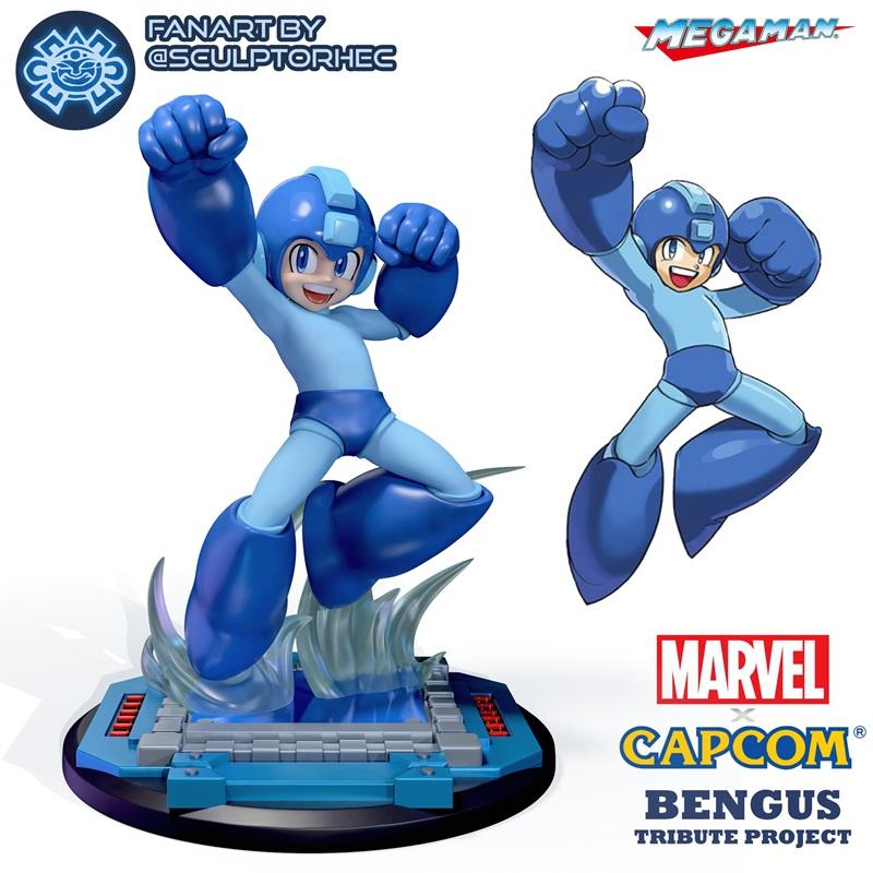 Mega Man figure in a heroic pose, inspired by Bengus' art style, with a stylized base featuring energy effects. Fan a...
