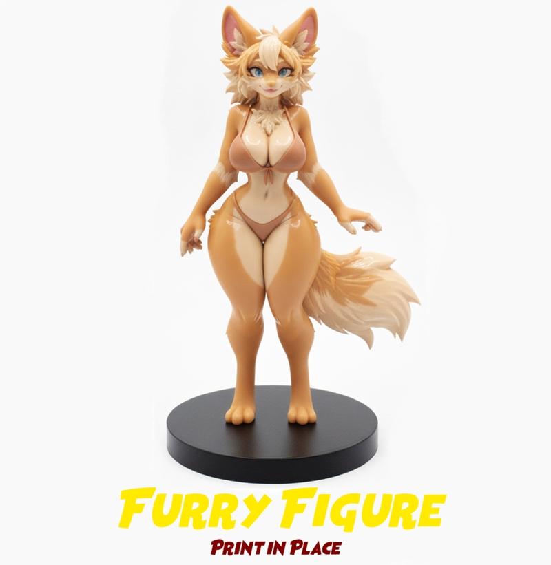 Anthropomorphic fox-like female character in a bikini, standing on a black circular base. The figure has large ears,...