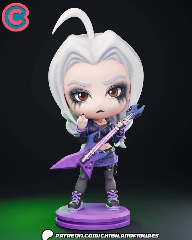 Chibi Skadi from T3 Arena holding a purple electric guitar, wearing punk attire and heavy eye makeup, standing on a p...