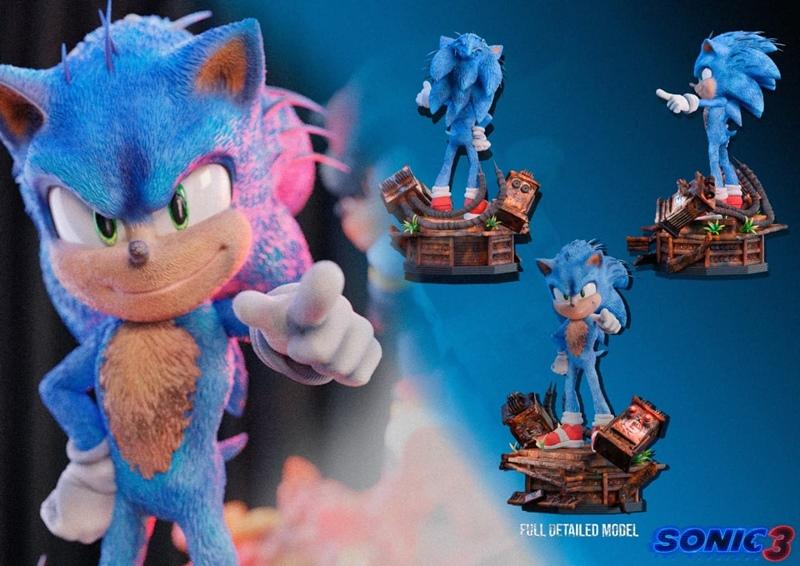 3D model of Sonic the Hedgehog in an action pose on a detailed diorama base, inspired by the Sonic movies.