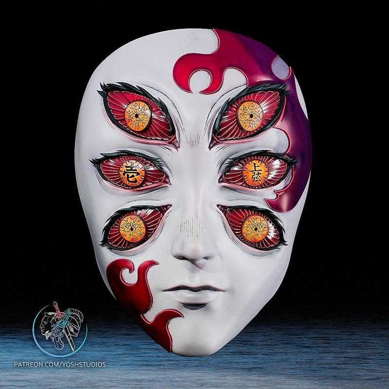 3D printable mask of Upper Moon 1 from Demon Slayer, featuring multiple red-eyed faces and flame markings.
