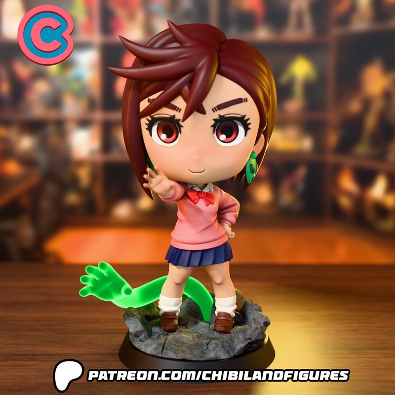 Chibi Momo Ayase from Dandadan anime, wearing a pink sweater, blue skirt, and white socks, with a green energy effect...