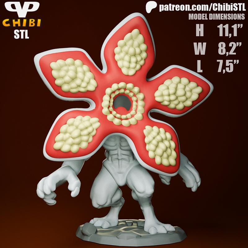 Chibi Demogorgon 3D model figure from Stranger Things, with red and yellow flower-like head, grey muscular body, and...