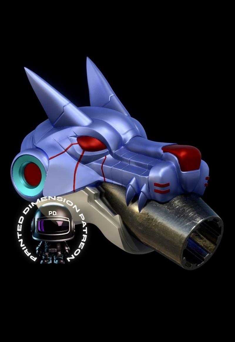 Head of Omnimon from Digimon, a metallic blue robotic creature with red eyes and a cannon muzzle, rendered as a 3D pr...