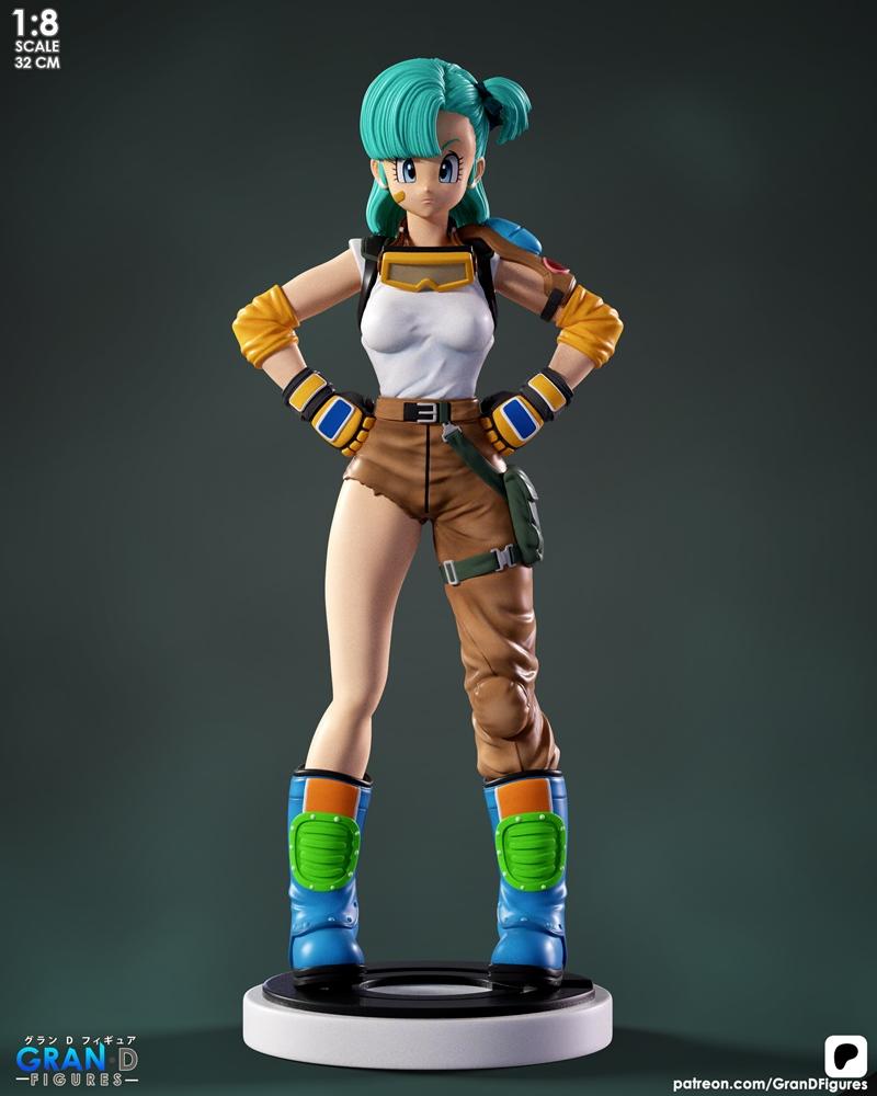 1:8 scale 32cm Bulma figure from Dragon Ball by Gran D Figures, wearing adventurer outfit with goggles and boots, sta...