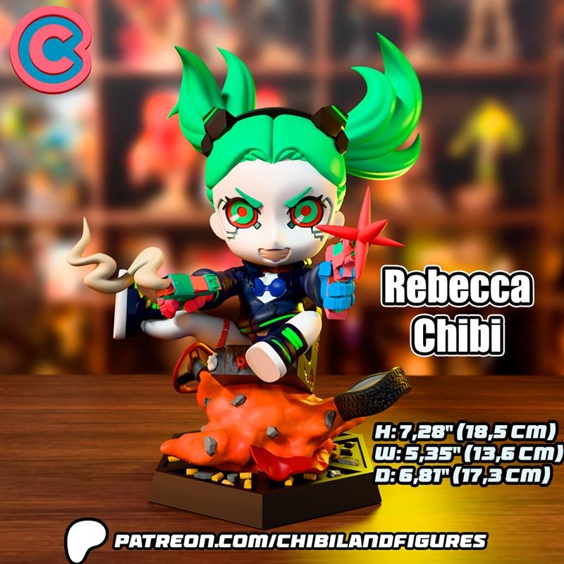 Chibi Rebecca from Cyberpunk Edgerunners, a 3D printable figure by Chibi Land Figures, with green hair, cybernetic de...