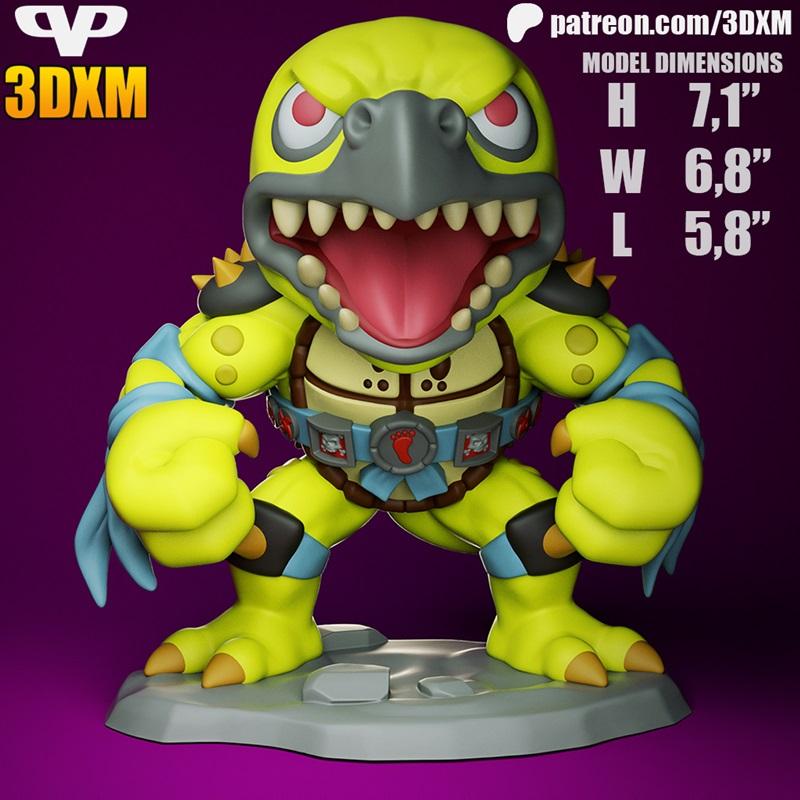 Chibi Tokka figure from Teenage Mutant Ninja Turtles, with green scaly skin, open mouth, sharp teeth, turtle shell, a...