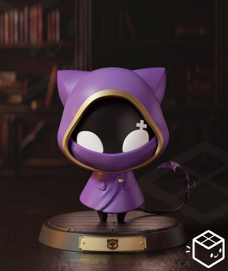 Chibi figure of Shoto Vtuber Companion with cat ears, purple hooded cloak, and white eyes, standing on a circular base.